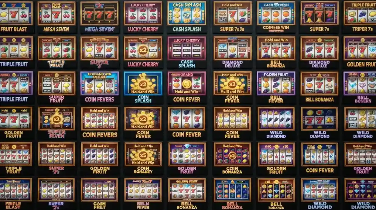A mosaic of 1spin4win slot thumbnails — fruit symbols, sevens, Hold and Win trigger screens — arranged to show the catalogue's visual consistency across titles