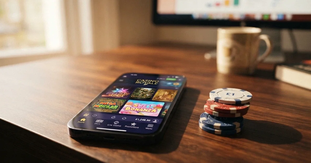 A smartphone screen displaying an online casino lobby with a five-dollar Australian banknote placed beside it