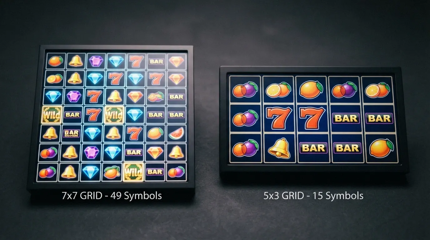 A side-by-side comparison showing a 7-by-7 grid with 49 symbol positions on the left and a standard 5-by-3 grid with 15 positions on the right