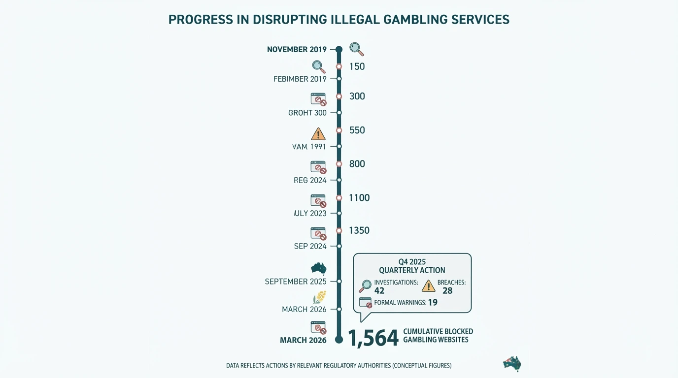 A vertical timeline from November 2019 to March 2026 with milestone markers showing cumulative ACMA website blocks climbing to 1,564, with the Q4 2025 quarterly action highlighted