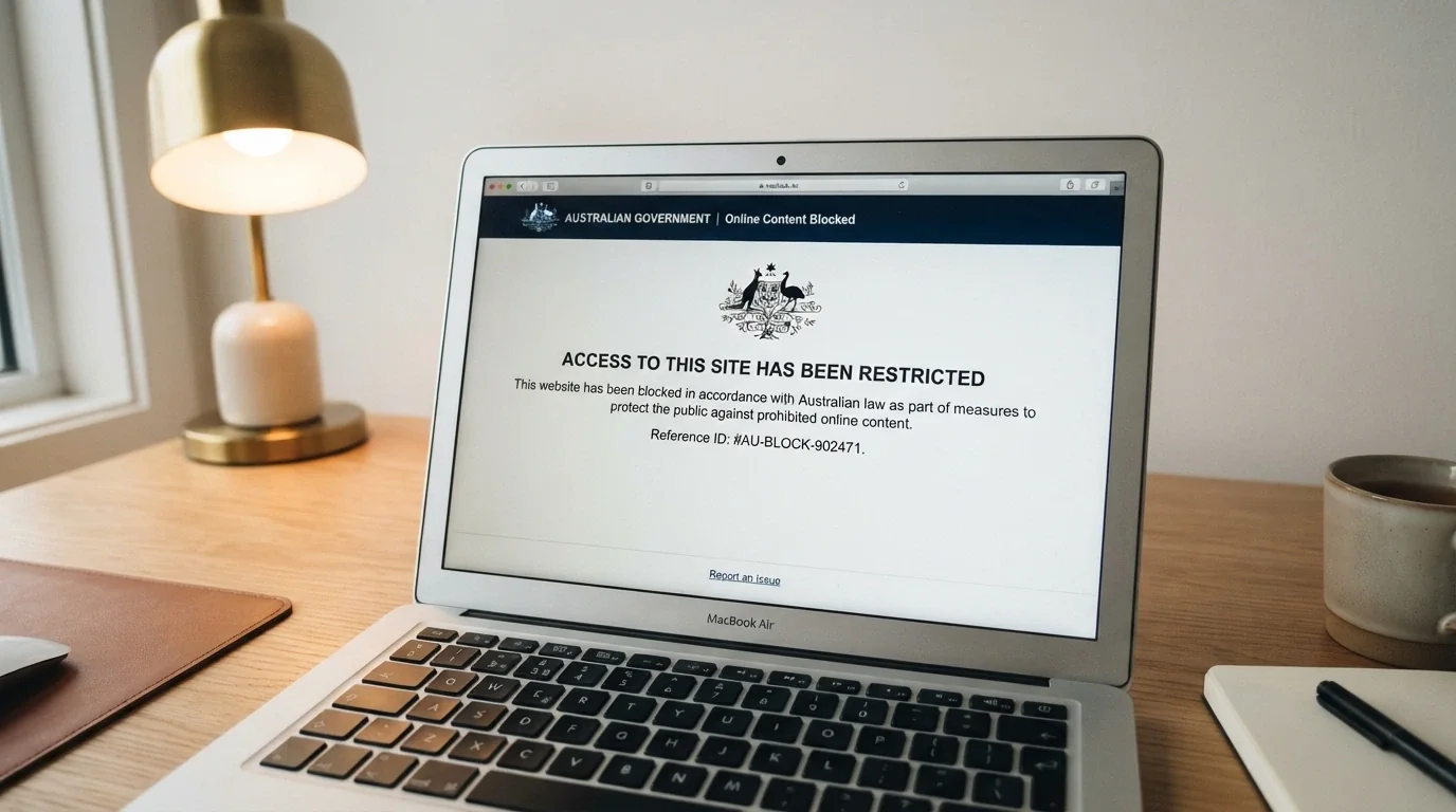 A laptop browser displaying an ACMA website-block notice with the Australian Government crest visible
