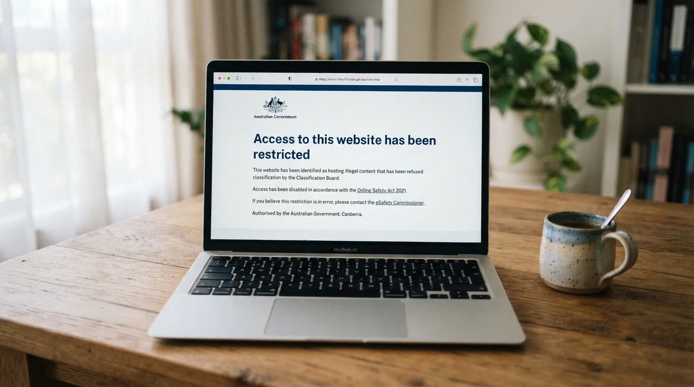 A laptop or phone screen displaying an ACMA site-blocking notice