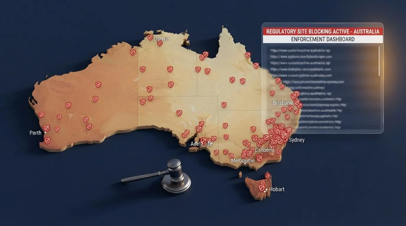 Australian map overlaid with ISP blocking symbols, a list of blocked gambling URLs, and a warning notice styled as an ACMA enforcement dashboard