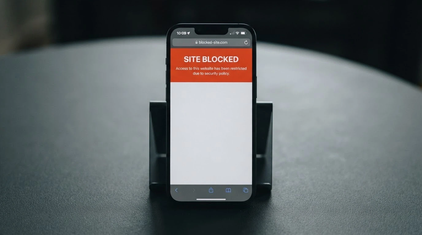 A mobile phone screen showing a browser warning that a site has been blocked by direction of the ACMA