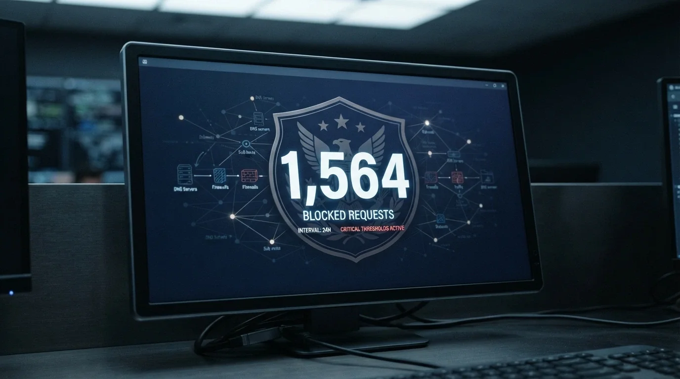 A stylised representation of the ACMA blocked-sites counter at 1,564, with the Australian coat of arms and a network-diagram background suggesting ISP-level blocking