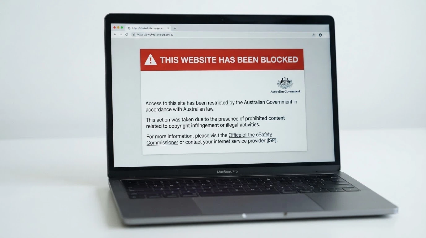 A browser window displaying the ACMA-blocked-website notice that an Australian internet user sees when attempting to access a blocked illegal gambling site, with the ACMA logo visible