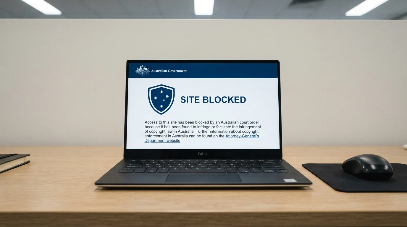 A browser window showing the ACMA “site blocked” notice with the Australian Government crest and explanatory text