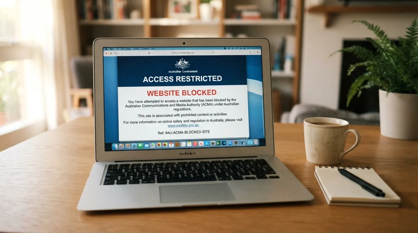 A browser window displaying the ACMA blocked-website notice that appears when an Australian ISP blocks access to an illegal gambling site