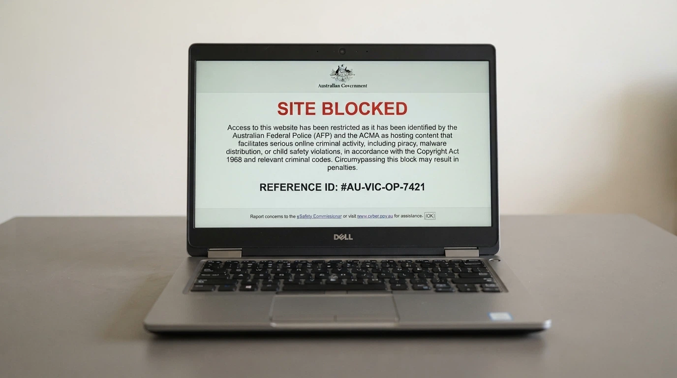 A laptop or phone screen showing the ACMA blocking notice that appears when an Australian ISP blocks an illegal gambling website