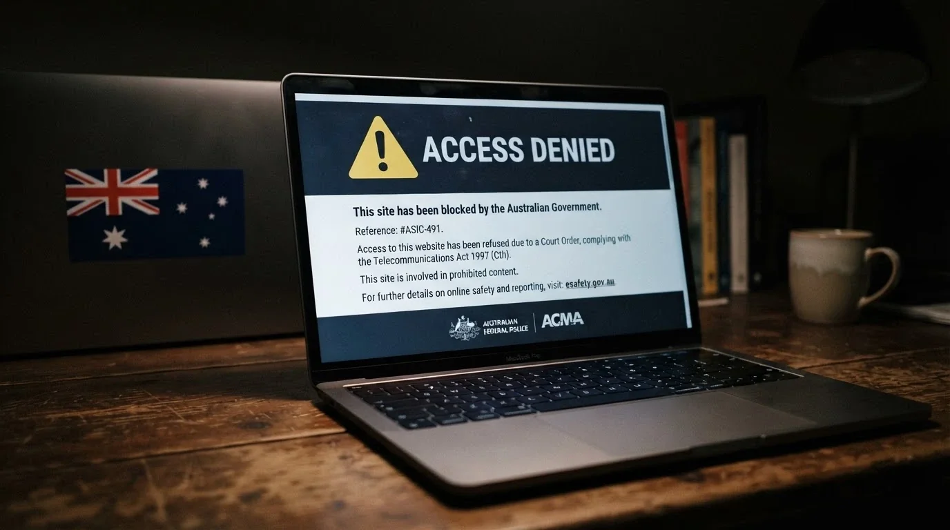 A browser window displaying the ACMA's blocked-site notice on a dark screen, with the regulator's logo visible and the warning text partially legible