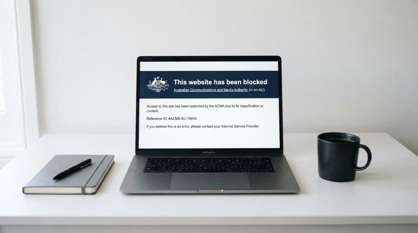 A browser window displaying an ACMA-blocked gambling website notice with the Australian Government crest