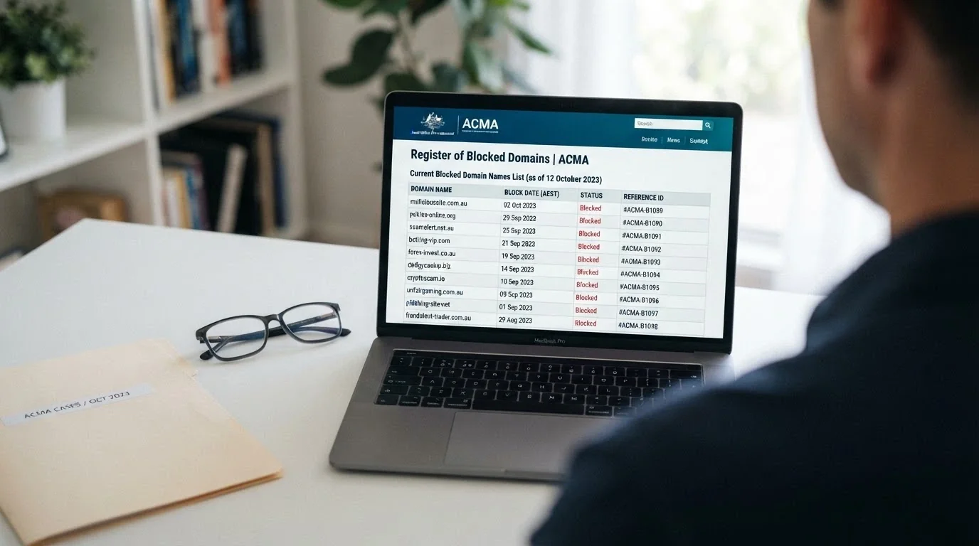 The ACMA website's list of blocked illegal gambling websites, showing a table of domain names and the dates they were blocked.