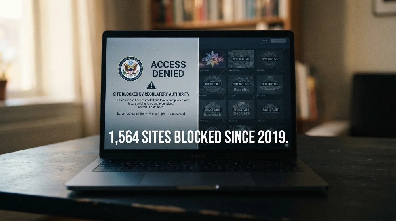 A browser window displaying an ACMA-blocked-site notice beside a casino lobby that has been greyed out, with the text “1,564 sites blocked since 2019” overlaid