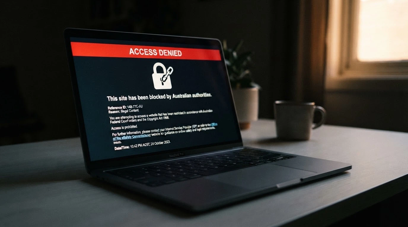 A stylised representation of an ACMA website-blocking notice — the landing page an Australian player sees when a gambling site has been blocked by an ISP