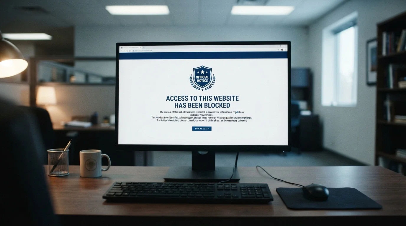A browser window displaying the ACMA blocking notification page served to an Australian IP address, with the ACMA logo and site-blocked language visible