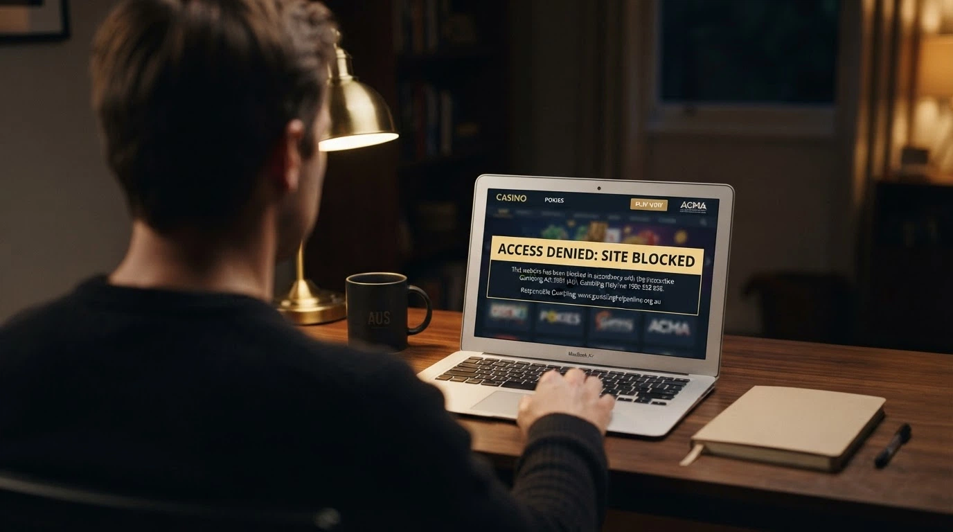 An ACMA website-blocking notice displayed in a browser window, with a darkened casino homepage visible behind the overlay