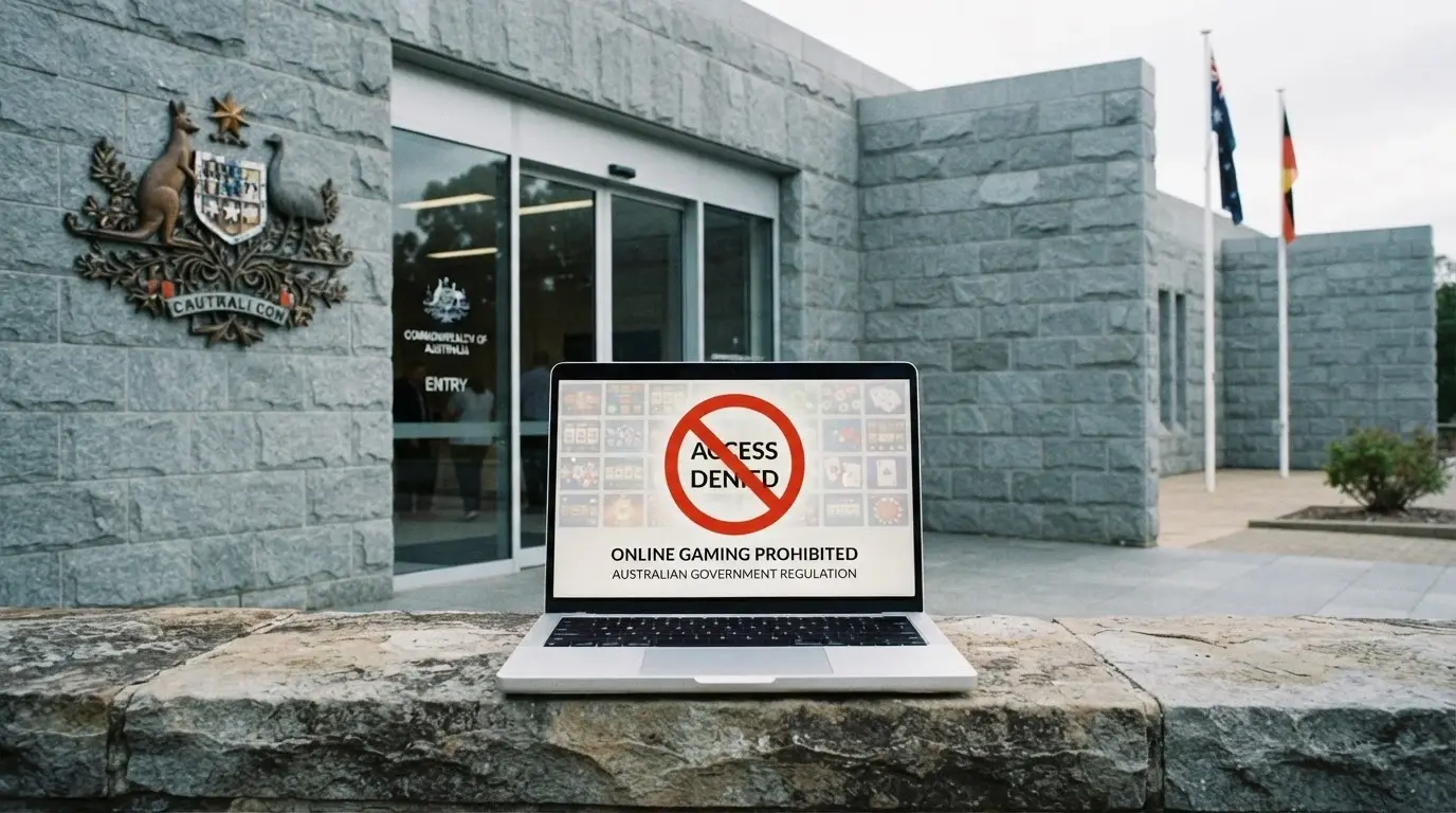 The ACMA logo on a government-building facade, with a red prohibition symbol overlaid on a laptop displaying casino graphics