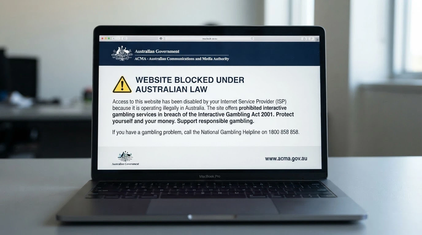 An ACMA website blocking notice displayed in a browser window, with the official ACMA logo and the text explaining the site has been blocked under the Interactive Gambling Act