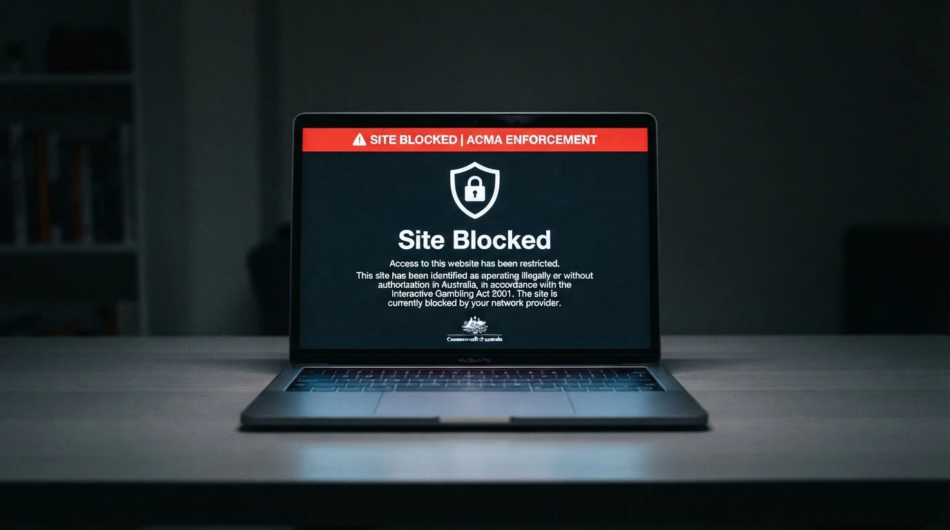 A warning-style screen displaying a site-blocked notice attributed to the Australian Communications and Media Authority