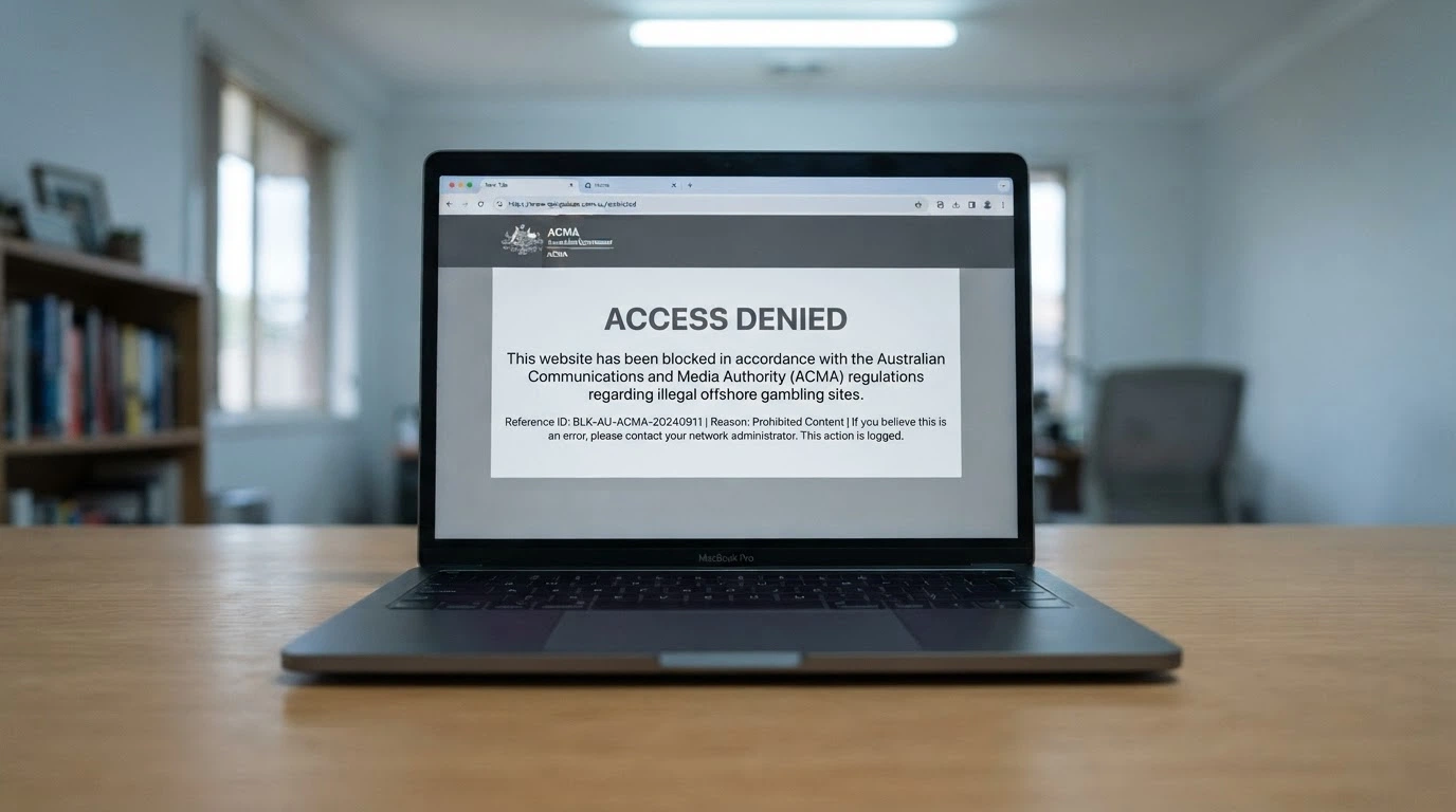 A web browser displaying an ACMA blocking notice page over a greyed-out casino URL in the address bar