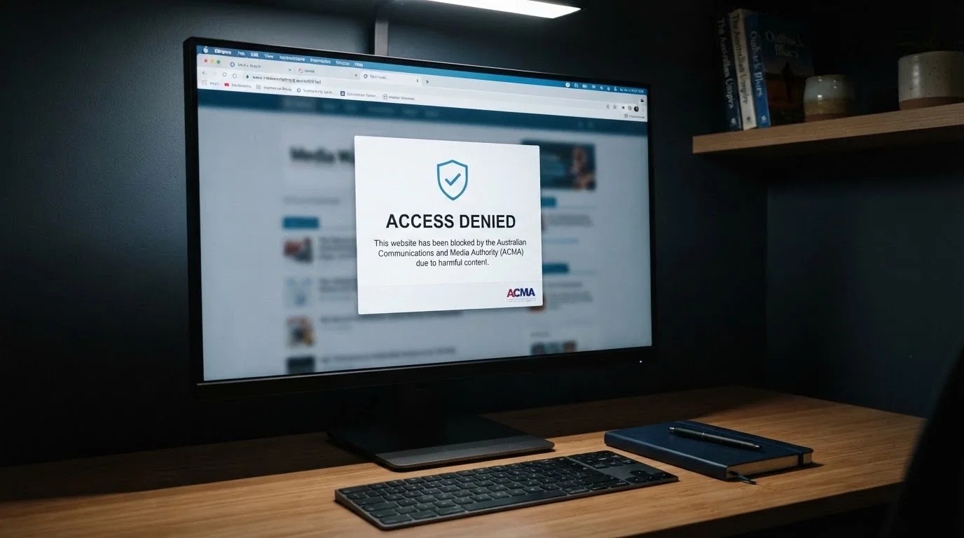 A web browser displaying an ACMA blocking notice on a greyed-out casino website