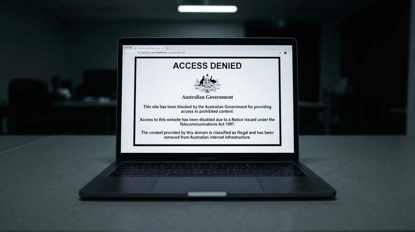 A web browser displaying an ACMA site-blocking notice with the Australian Government crest visible