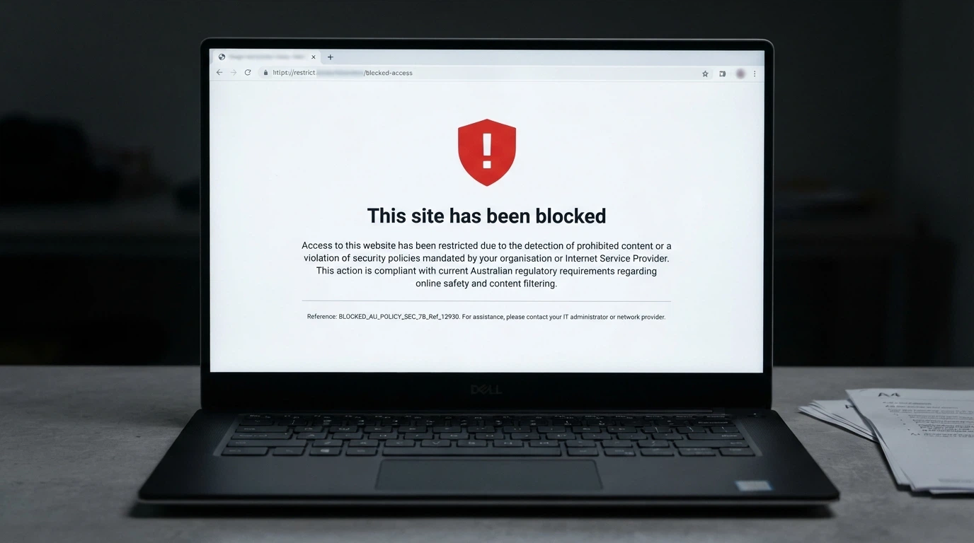 A web browser displaying the ACMA blocking notice — a white page with official Australian Government crest and text stating the site is blocked under the Interactive Gambling Act 2001