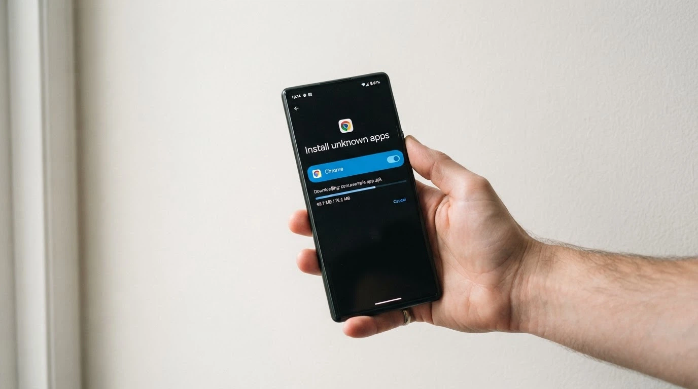 An Android phone screen displaying the install-unknown-apps settings toggle and an APK download progress bar from a casino website
