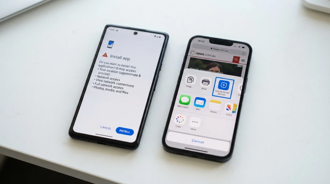 Two phones side by side: an Android device showing an APK install prompt from an unknown source, an iPhone showing the “Add to Home Screen” share-sheet option