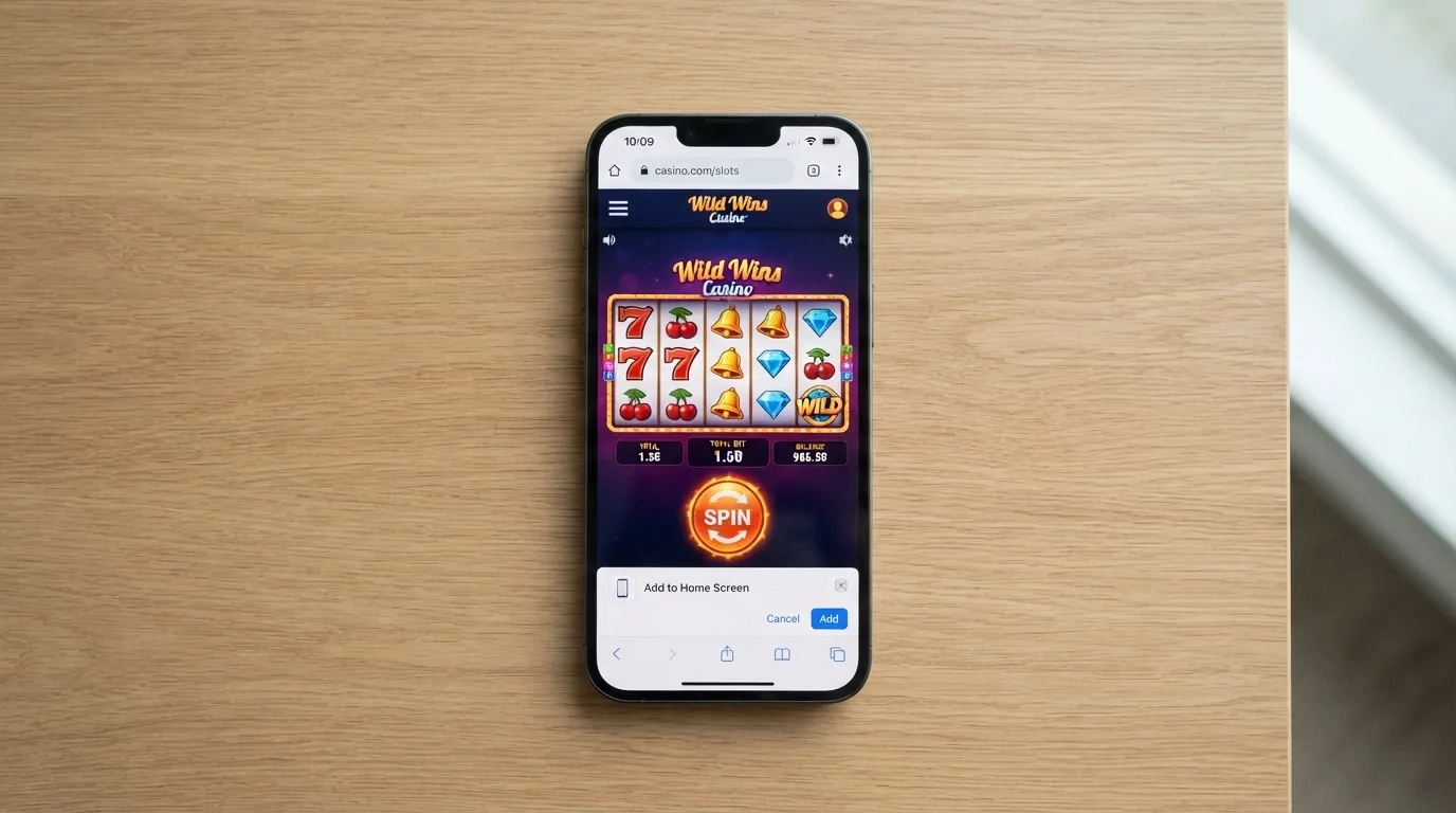 An Android phone showing a browser-based pokies game with a PWA install prompt overlaid