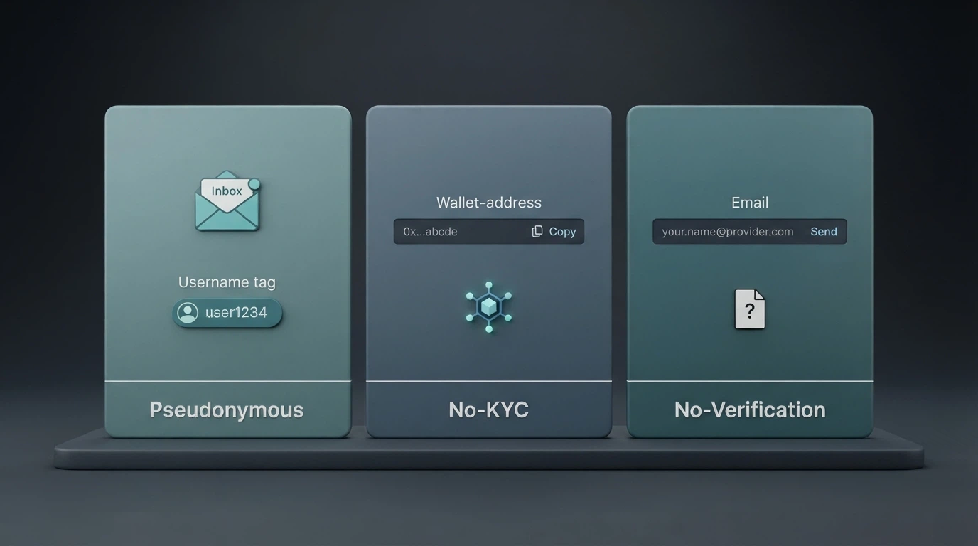 A three-column visual comparing the sign-up requirements of a pseudonymous casino (email field), a no-KYC casino (wallet-address field only) and a no-verification casino (email field with a small-print KYC trigger threshold)