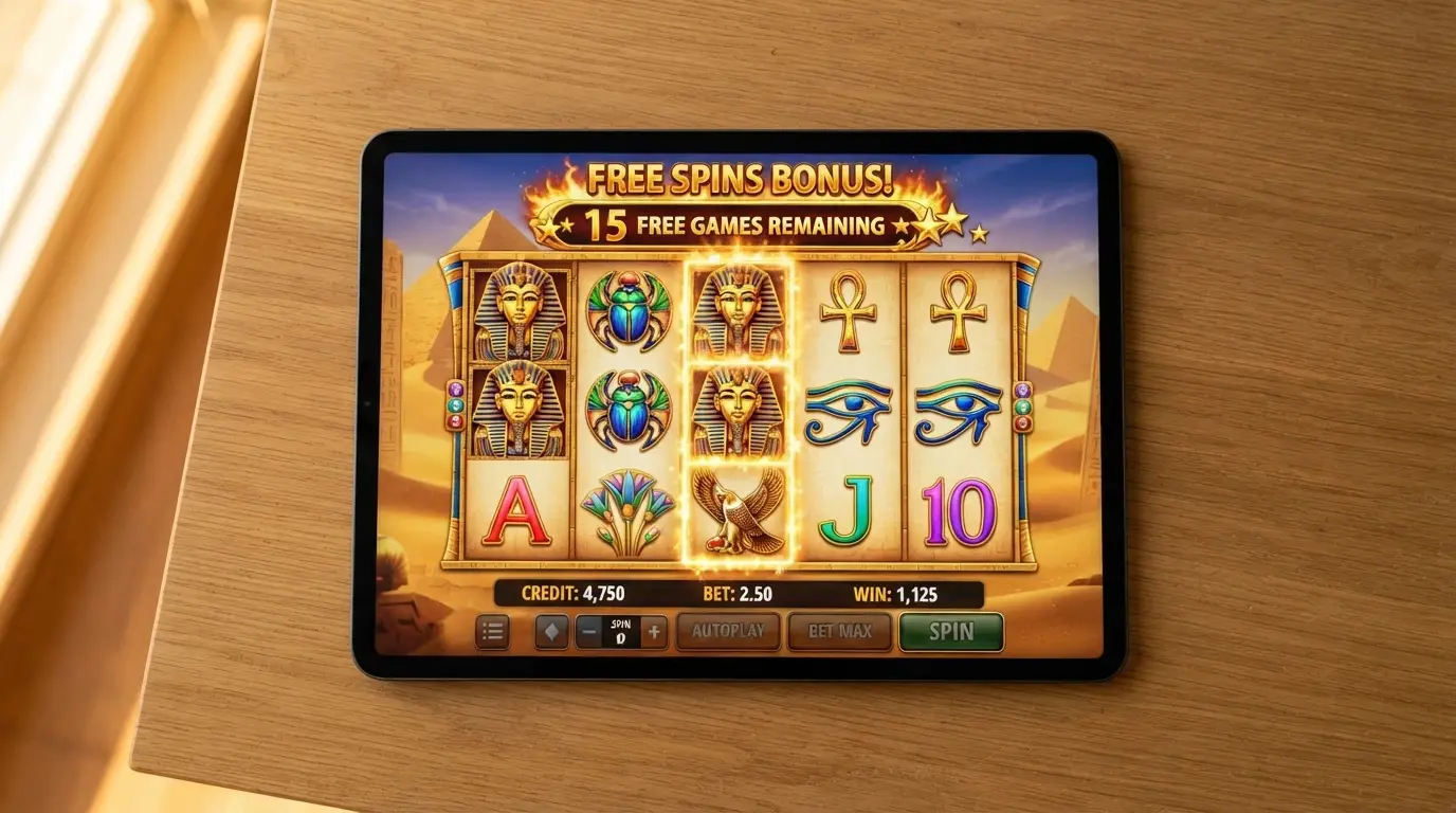 iPad showing an Aristocrat pokies game with recognisable Australian-themed symbols on the reels