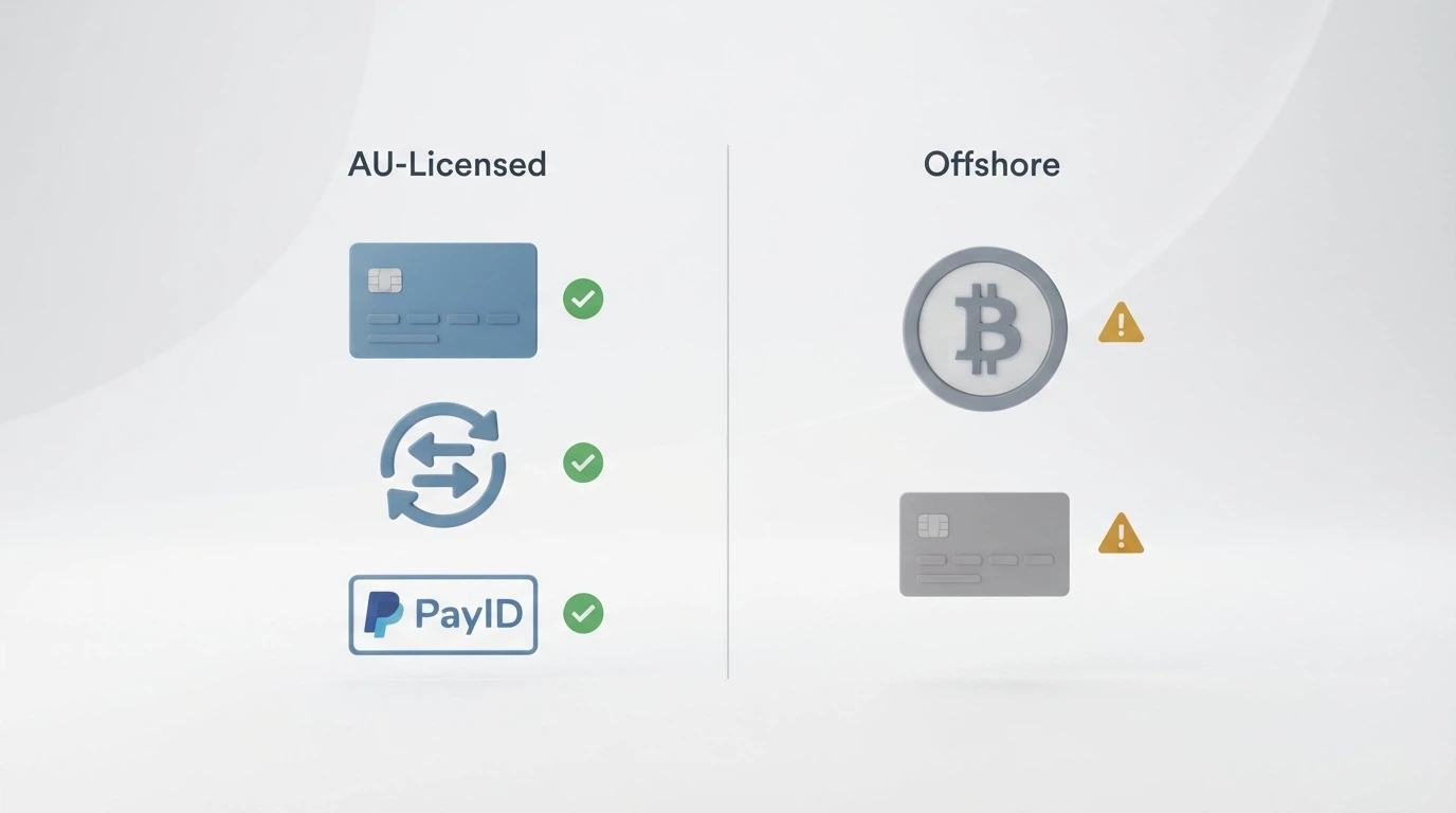 A split visual: on the left, AU-licensed payment routes (debit card, PayID, BPAY) with a green tick; on the right, offshore casino payment methods (crypto, credit card) with a warning triangle