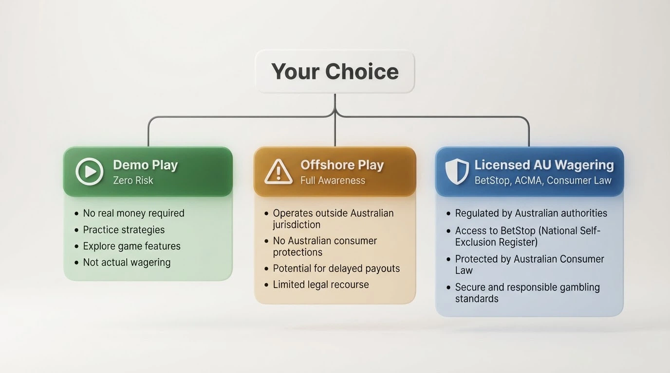 A simple decision-flow visual: three paths branching from a central question — demo play (zero risk), informed offshore play (full awareness), or licensed AU wagering (BetStop, ACMA, consumer law) — with the key protections listed under each