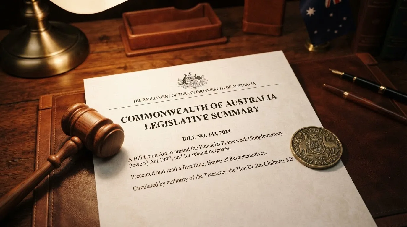 A formal document page showing the Interactive Gambling Act 2001 header, with a gavel and a Bitcoin symbol placed on opposite sides of the frame