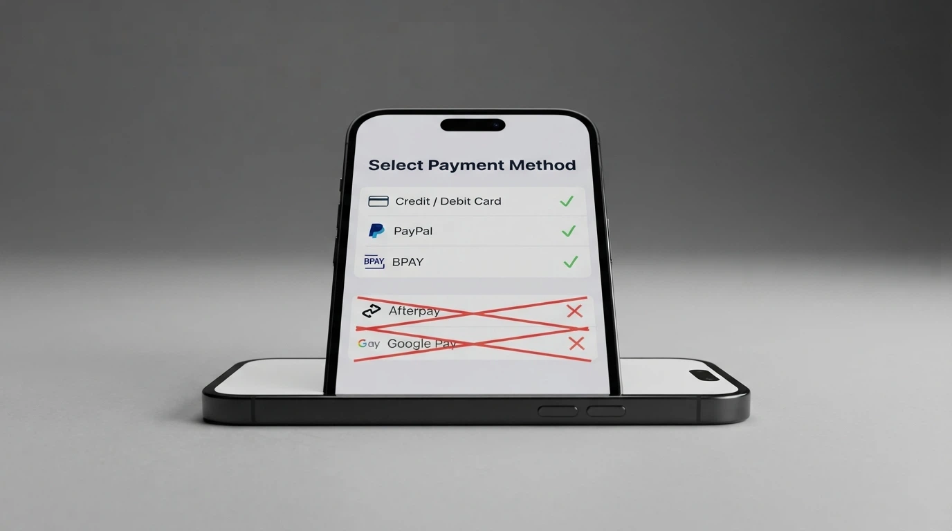 A payment screen listing PayID, Osko and BPAY with credit and crypto options crossed out