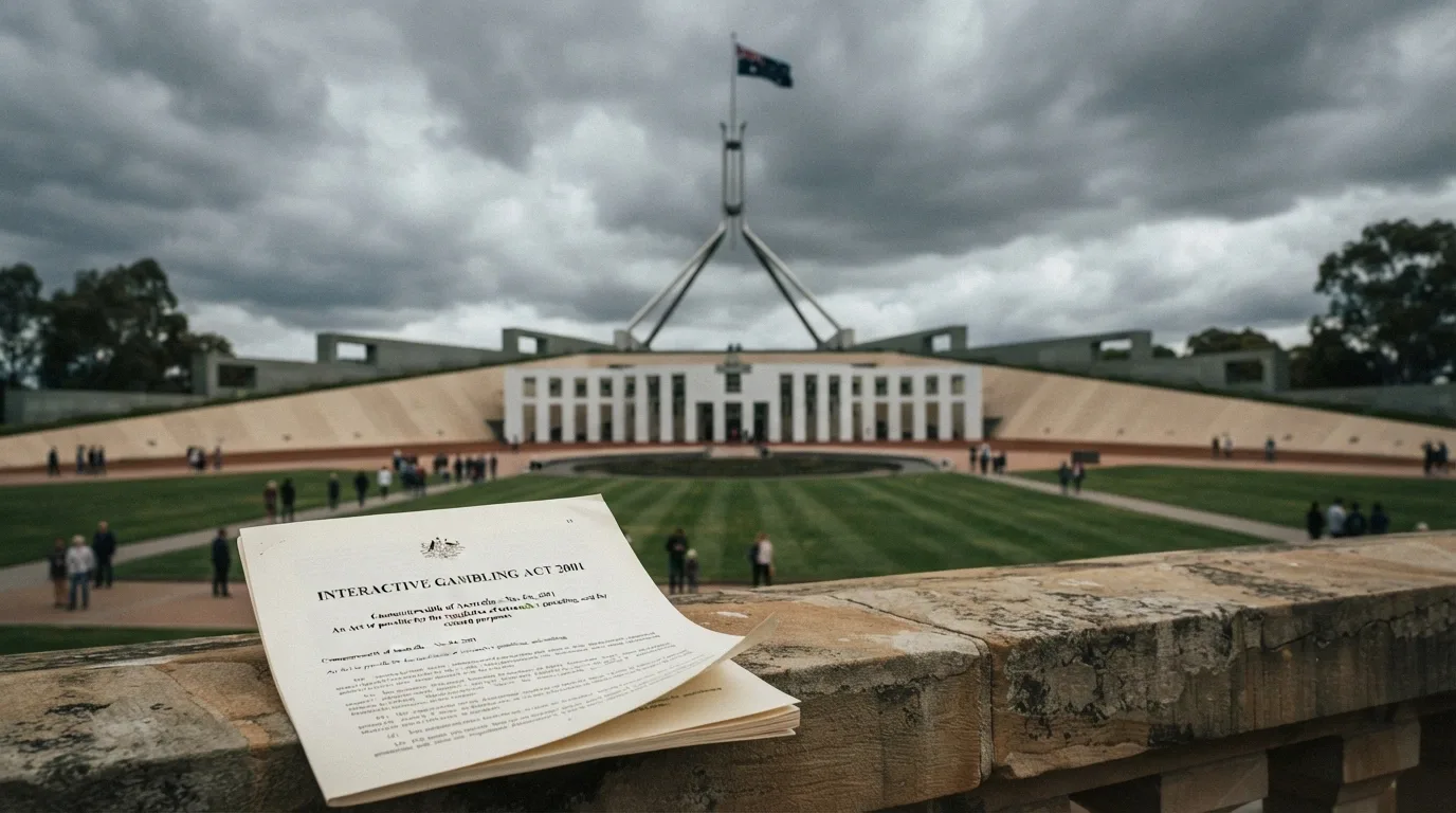The Australian Parliament House exterior in Canberra with a subtle semi-transparent overlay of a legal document bearing the Interactive Gambling Act 2001 title