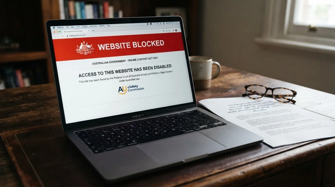 An official-looking document headed Interactive Gambling Act 2001 beside a screen showing the ACMA website with blocking-notice information