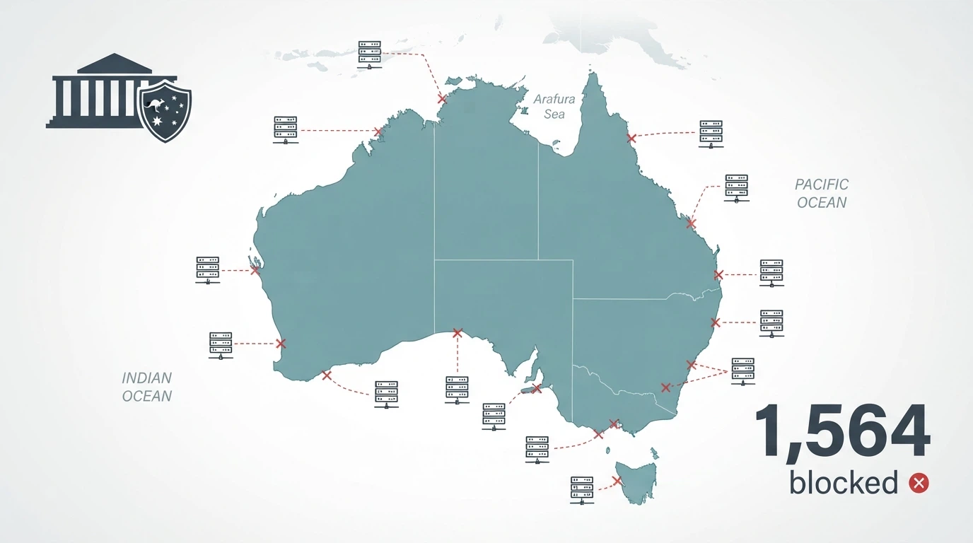 The ACMA logo beside a simplified map of Australia with offshore casino-server icons positioned outside its borders, connected by dashed lines labelled “Blocked — 1,564 sites” with a government document excerpt visible in the corner
