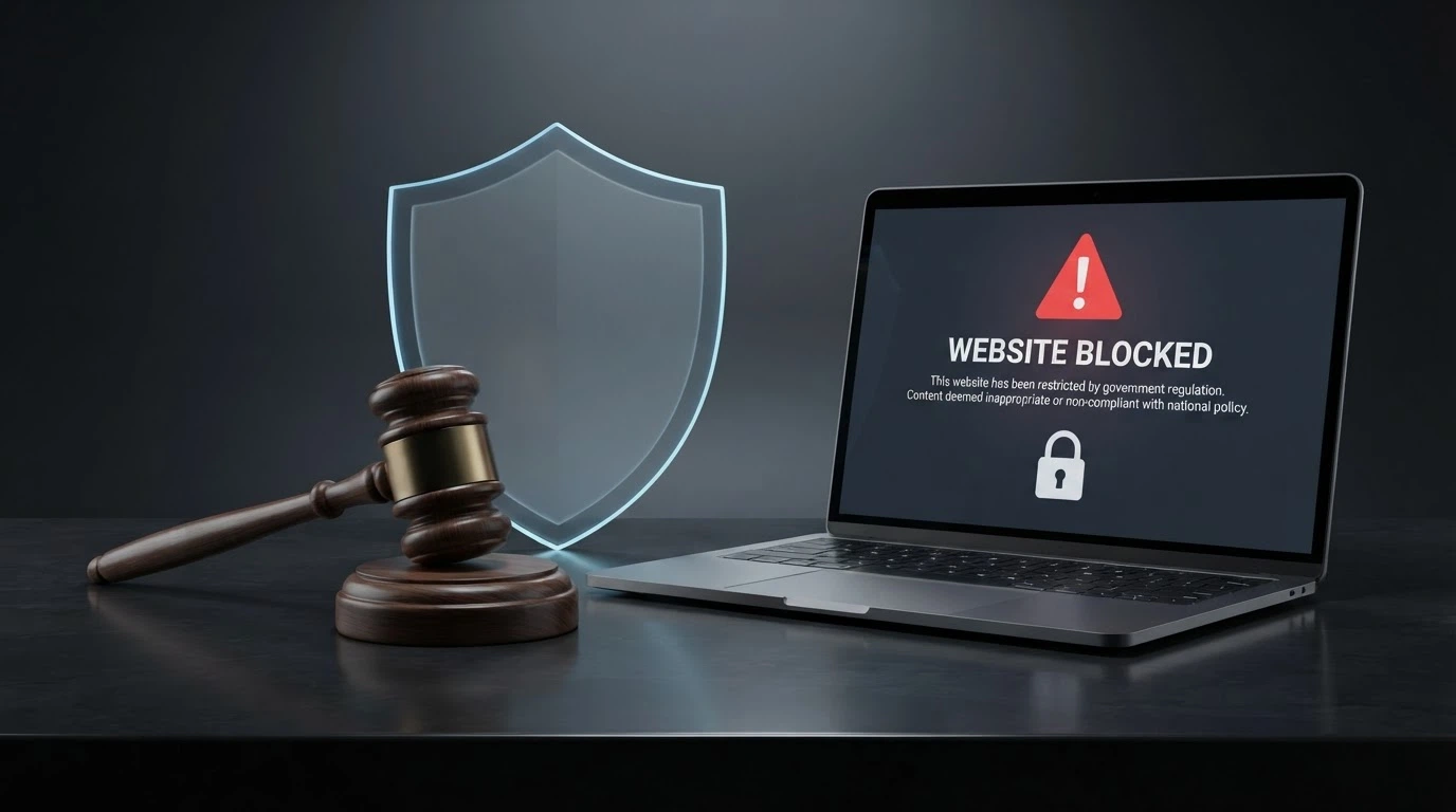 A government-style visual: the ACMA logo or a stylised gavel beside a screen showing a blocked-website notice