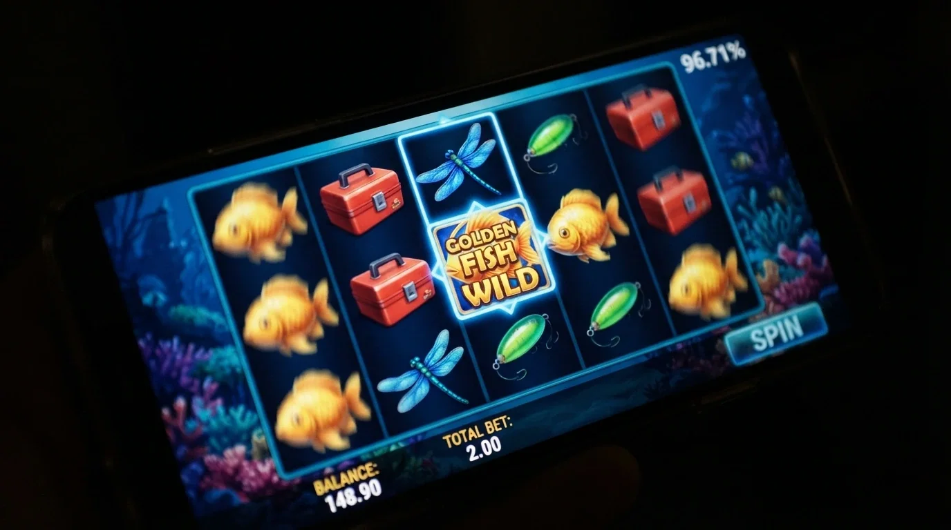 A close-up of a pokies game screen with five reels, brightly coloured symbols, and the RTP displayed in the corner as “96.71%”