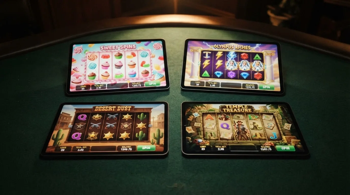 A grid of four pokie title cards — Sweet Bonanza, Gates of Olympus, Dead or Alive 2 and Gonzo's Quest Megaways — each displaying its RTP percentage and provider logo beneath the cover art
