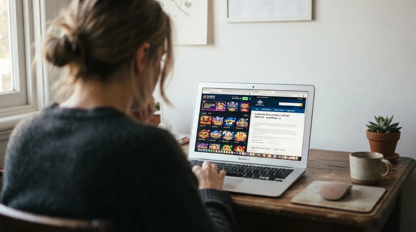 An Australian player sitting at a laptop with a casino lobby on one tab and the ACMA website open on another, looking at the screen