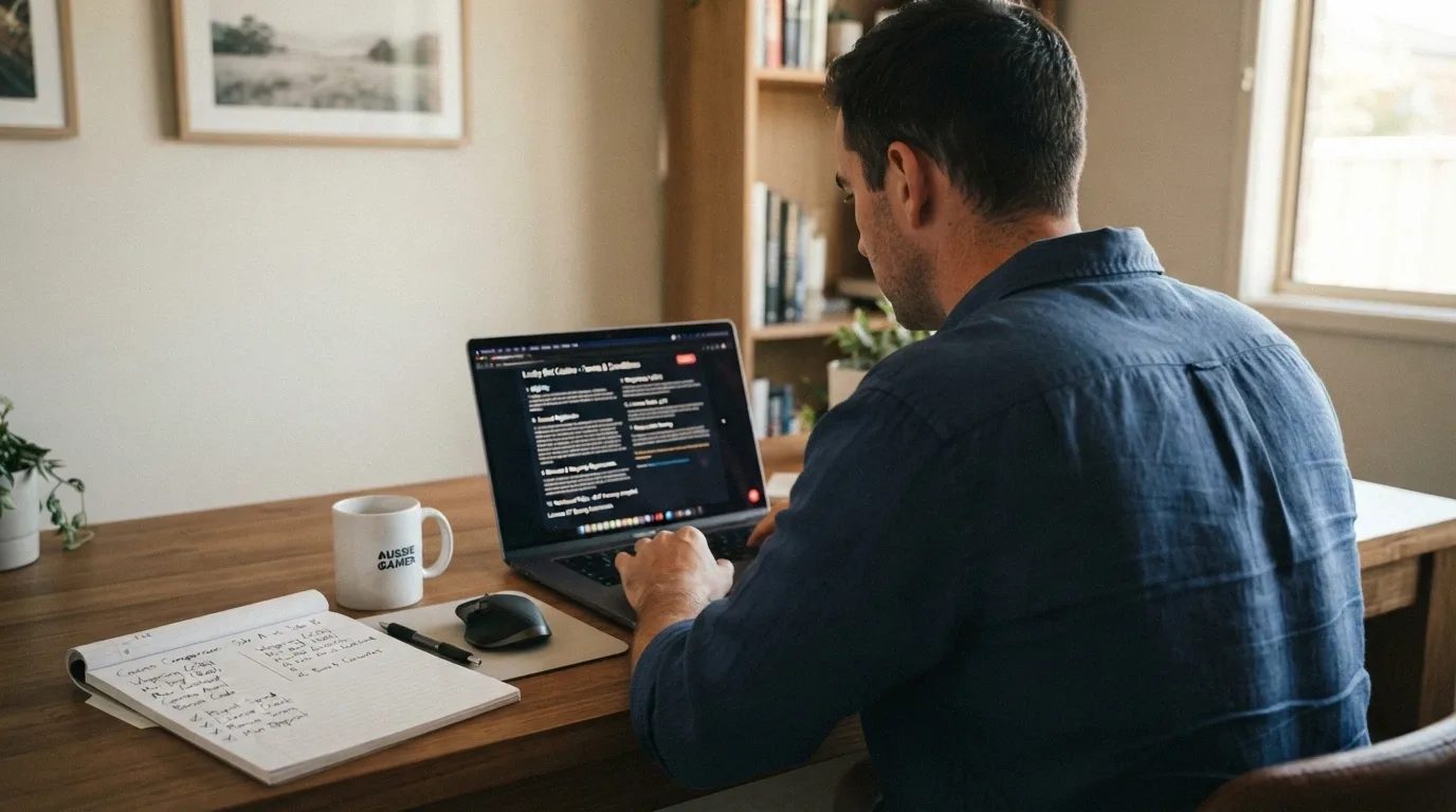 An Australian player at a home desk with a laptop open to a casino terms page, a notepad listing comparison criteria, and a cup of coffee — a deliberate evaluation scene