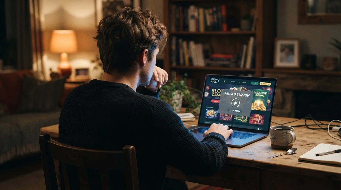 A person sitting at a laptop with a neutral expression, a cup of coffee beside them, the screen showing a casino homepage with a translucent pause overlay