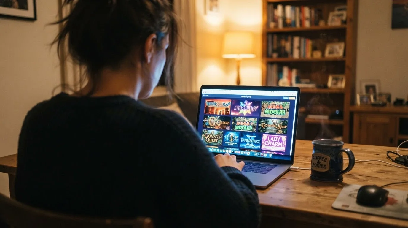 An Australian player at a laptop reviewing pokies information with a cup of coffee in a home setting