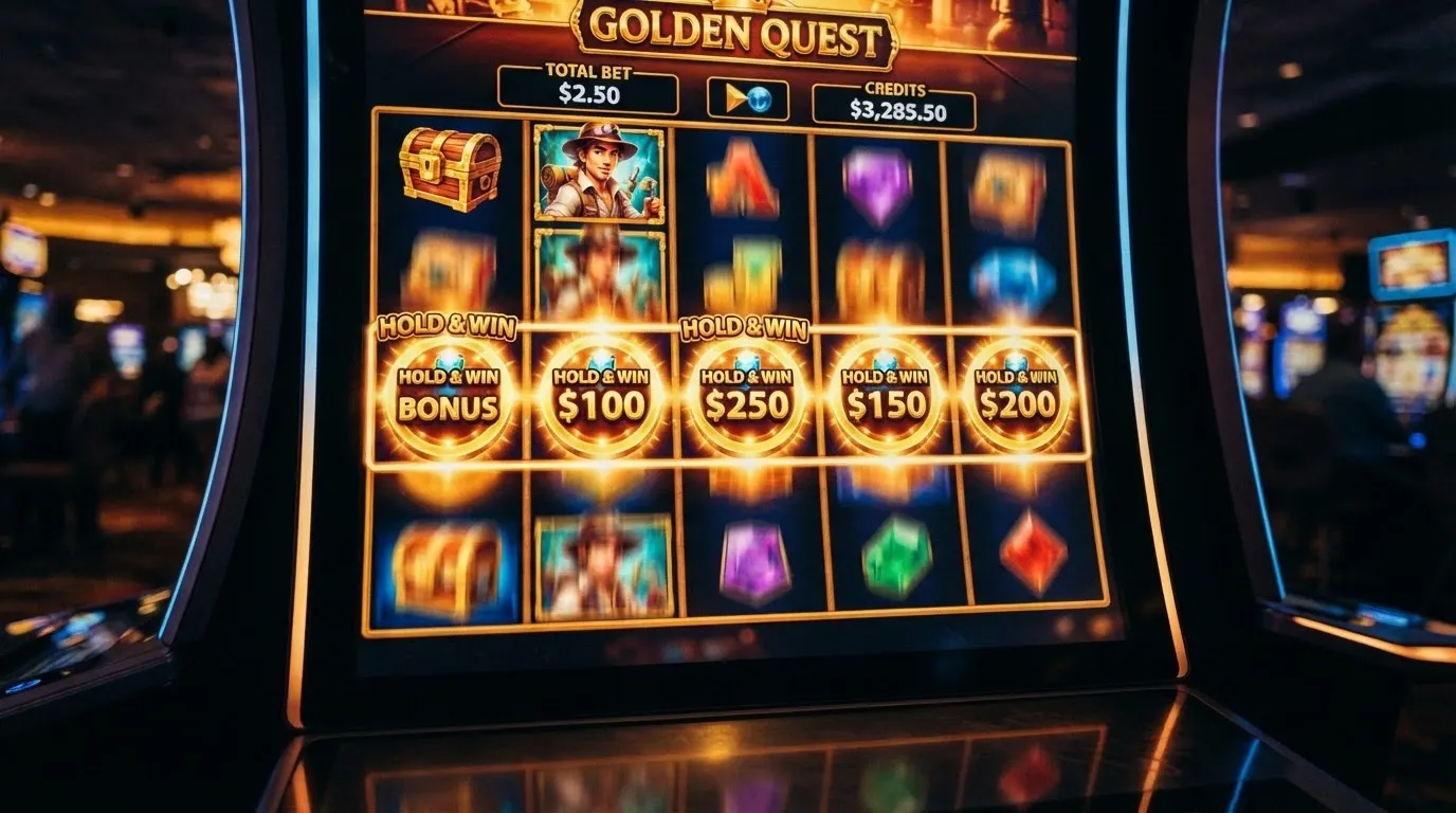 A Betsoft 3D slot game screen mid-spin with animated characters and Hold & Win bonus symbols on the reels