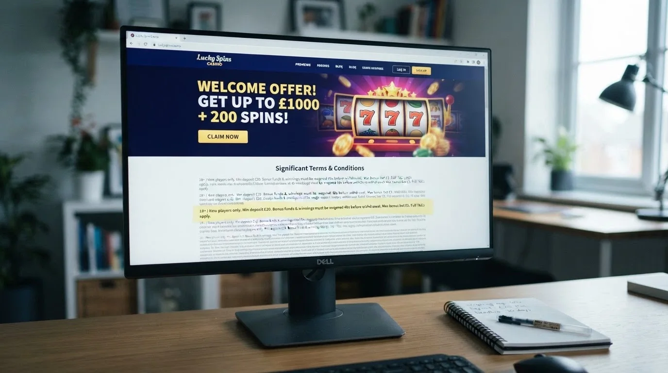 A casino promotions page listing a welcome offer with the wagering-requirement fine print highlighted below the headline figure