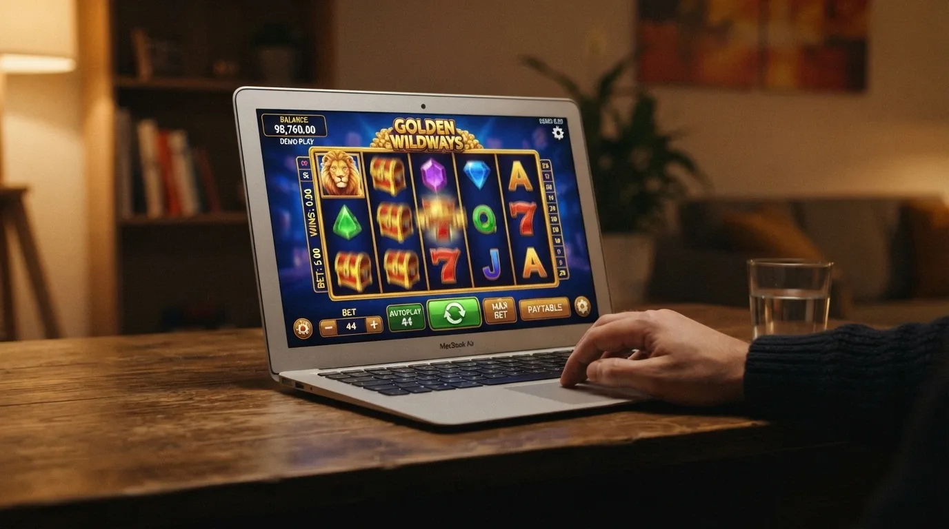 A Betsoft slot loaded in demo mode showing a play-money balance of several thousand credits instead of a real-cash figure