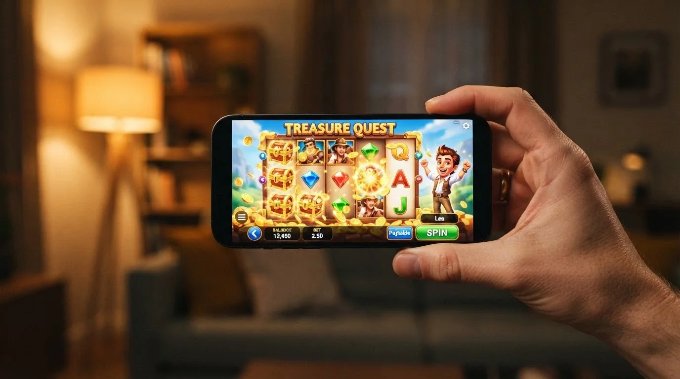A smartphone held horizontally displaying a Betsoft slot game running inside a mobile browser, no app icon visible